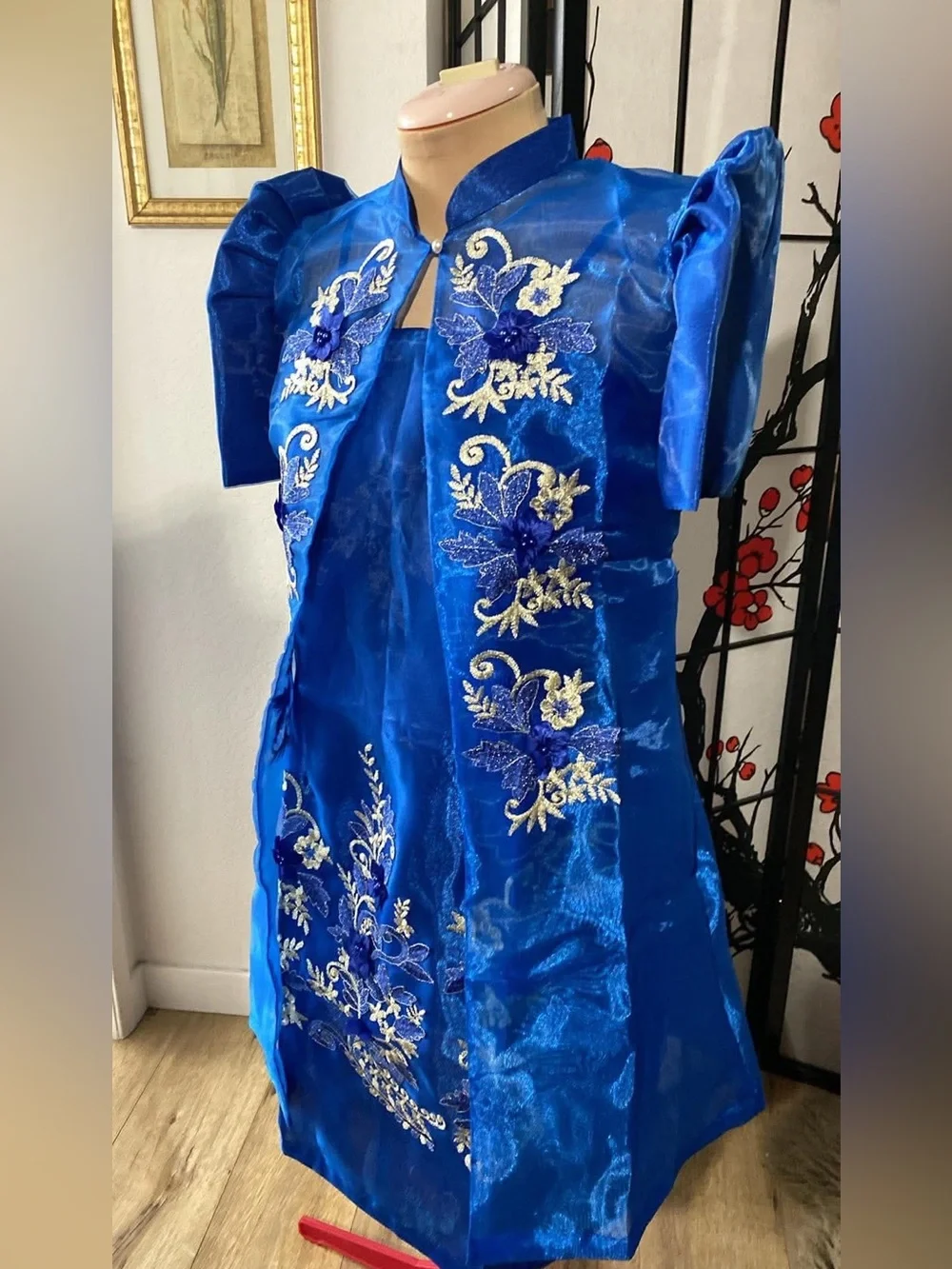 Women’s Filipiniana Blue Embroidered Organza Dress with Set Bolero
